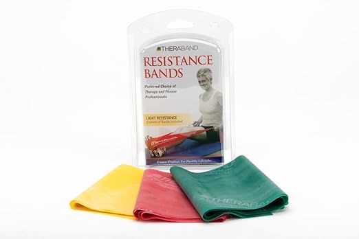 THERABAND Resistance Band Set, Professional Elastic Bands for Upper & Lower Body, Core Exercise, Physical Therapy, Lower Pilates, At-Home Workouts, & Rehab, 5 Foot, Yellow, Red & Green, Beginner