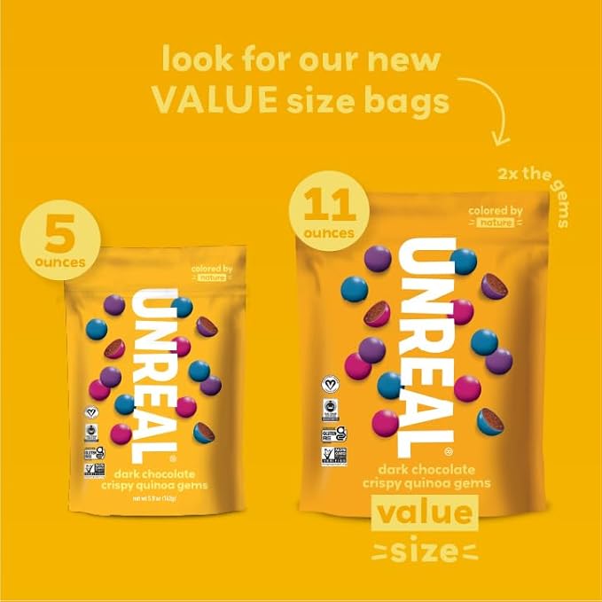 UNREAL Dark Chocolate Quinoa Gems (3 Value Size Bags) | Vegan, Colors from Nature | Fair Trade, Non-GMO | Gluten Free, No Sugar Alcohols or Soy | 11oz each