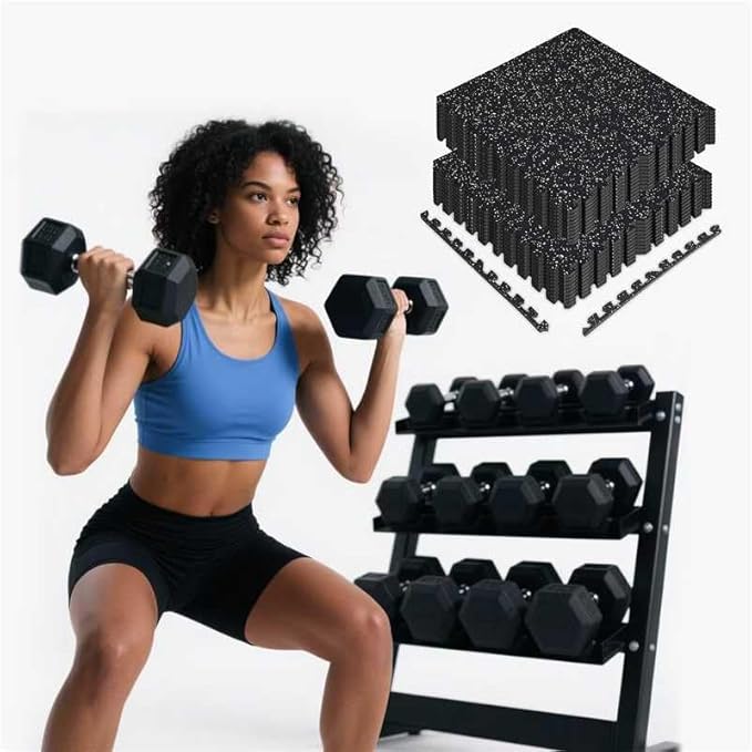 350/450/550lb Hex Dumbbell Set with Vertical Weight Rack (5-50 Lbs Rubber Coated Cast Iron) & 12-Piece EVA Gym Floor Mat Bundle (48 Sq Ft, 24"x24") - Non-Slip Handles, Heavy Duty Storage, Home Gym Essentials