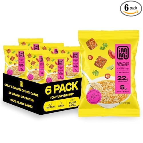 immi Tom Yum "Shrimp" Ramen, 100% Plant Based, Keto Friendly, Low Carb, High Protein, Packaged Noodle Meal Kit, Ready to Eat, 6 Pack