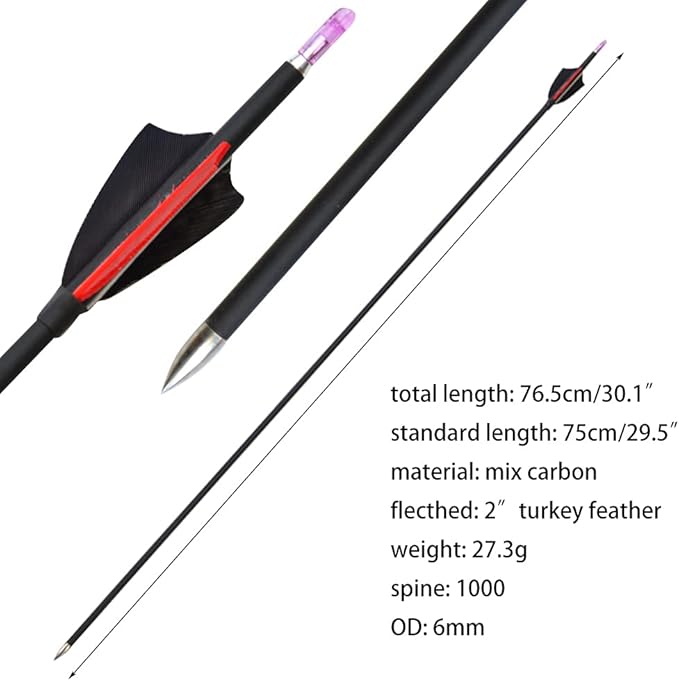 ZSHJGJR 31Inch Archery Carbon Arrows Hunting Arrows Spine 1000 with 2" Turkey Feathers Shooting Tips for Compound Recurve Bow 12 Pieces (Black) (12 x Red Arrows)