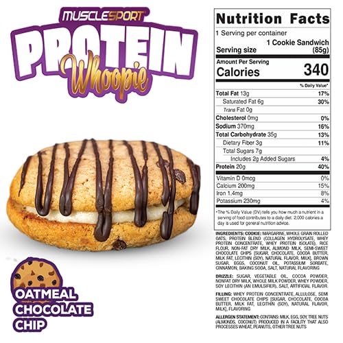 Musclesport Protein Whoopies - High Protein Whoopie Pie Style Cookies with Protein from Whey and Collagen, Good Source of Fiber (6 Pack Box, Oatmeal Chocolate Chip)