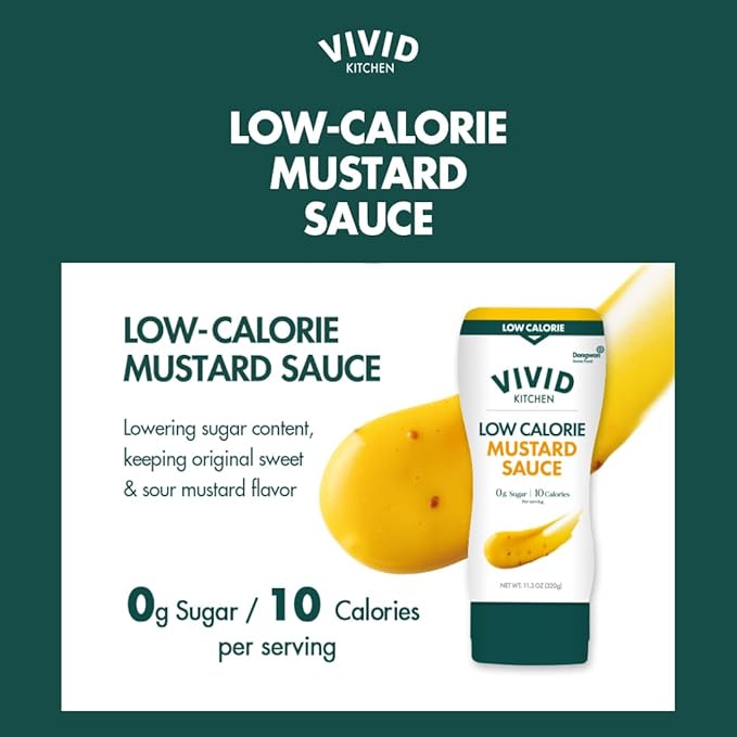 VIVID KITCHEN Low-Calorie Mustard Sauce - 2 Pack - Low Sugar, 10 Cal/Serving - Allulose Sweetened, No Preservatives or MSG - Easy Squeeze Bottle - Healthy, Flavorful Mustard for Sandwiches, Dressings, Marinades & More