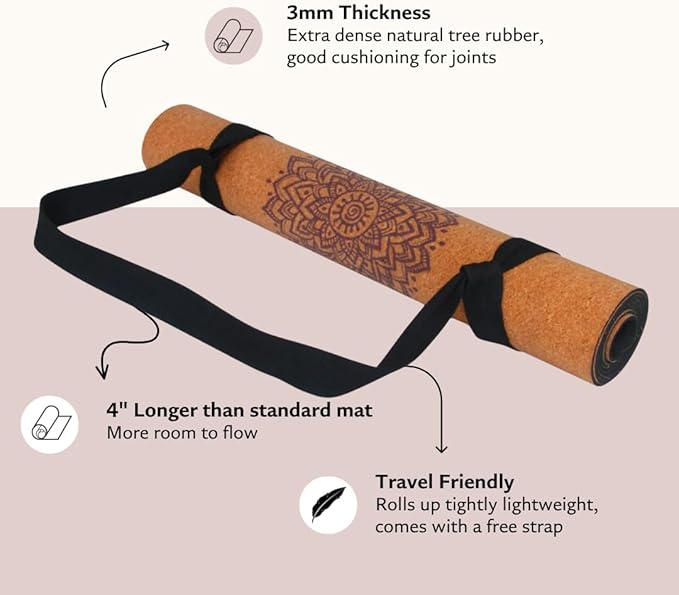 Cork Yoga Mat - Artist Designed, Premium Printed Eco-Friendly Non-Slip mat, Great for Regular & Hot Yoga, Pilates, Workouts 72 inch x 24 inch x 3mm Thick