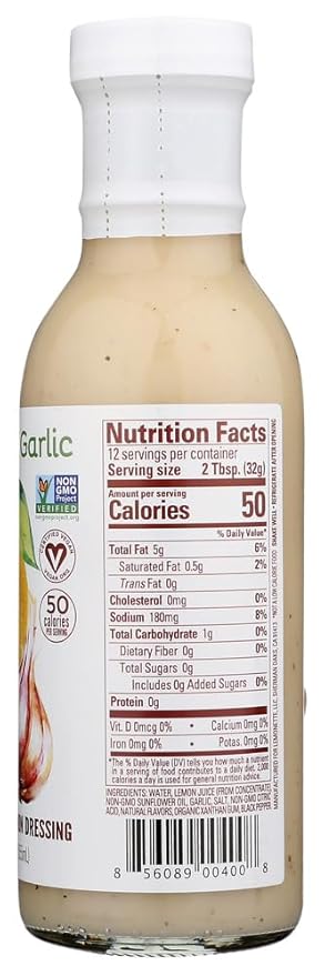 LEMONETTE Sugar Free, Low Cal, Low Fat Salad Dressing: Lemon Garlic 1 Gourmet 12oz bottle - Keto, Gluten Free, Vinegar Free, Soy Free, Dairy Free, Canola Free, Vegan Certified