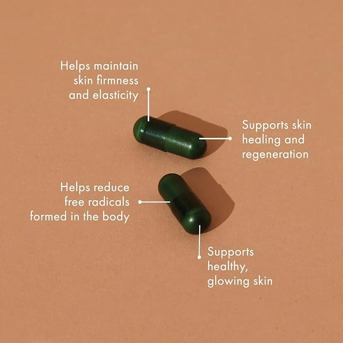 WelleCo The Skin Elixir Greens Powder Capsules with Zinc, Turmeric, Essential Skin Food, Supports Collagen Formation, Gluten Free & Vegan Glowing Skin Supplement, Firmness & Elasticity, 60 Capsules