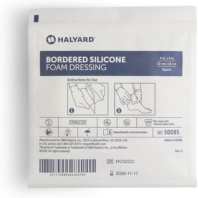 HALYARD Multi-Layer Bordered Silicone Foam Wound Dressing, Gentle Adhesive Superabsorbent Core Conformable & Breathable Water Resistant Protective Film Backing, 4 Inch x 4 Inch (Box of 10)