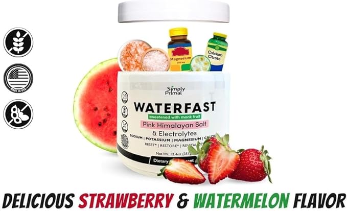 WATERFAST Monk Fruit Keto Electrolyte Powder for Fasting and Hydration- Strawberry Watermelon Flavor | Pink Himalayan Salt (Sodium), Potassium, Magnesium, Calcium | Sugar Free