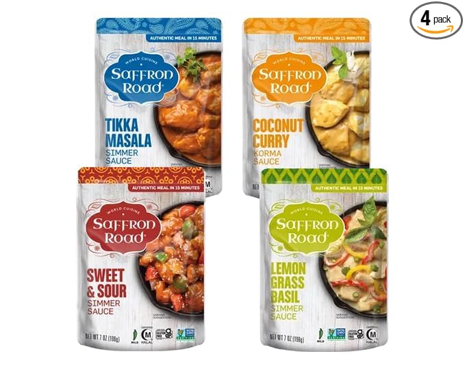 Saffron Road Simmer Sauce Variety Pack | Tikka Masala, Lemongrass Basil, Coconut Curry, and Sweet & Sour | Vegetarian, Non-GMO, Halal, and Kosher | 7.0oz Pouch | Pack of 4