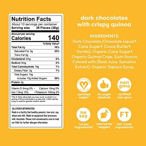 UNREAL Dark Chocolate Quinoa Gems (3 Value Size Bags) | Vegan, Colors from Nature | Fair Trade, Non-GMO | Gluten Free, No Sugar Alcohols or Soy | 11oz each