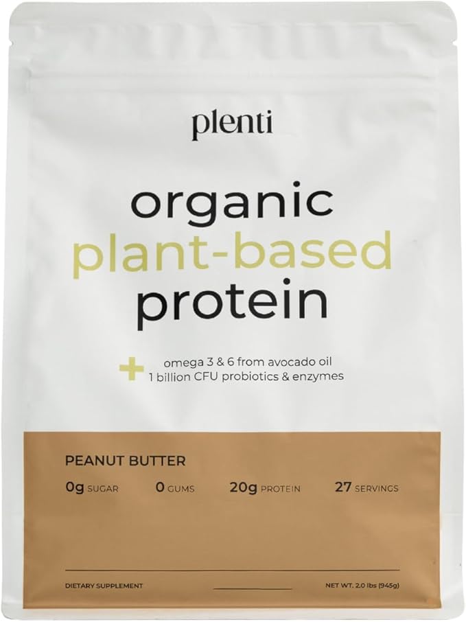 plenti Organic Plant-Based Protein Powder: Peanut Butter - 20g Pea Protein + Probiotics, Digestive Enzymes & Omega 3-6, Gut Friendly, Sugar Free, 27 Servings (2 lbs)
