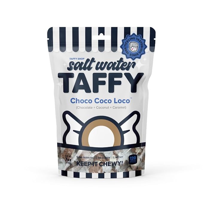 Taffy Shop Choco Coco Loco, Chocolate, Coconut, Caramel Salt Water Taffy – Gourmet Soft Chewy Candy, Bulk Sweet Snack, Fresh Gift & Gluten-Free, 35 Individually Wrapped Pieces (7oz)