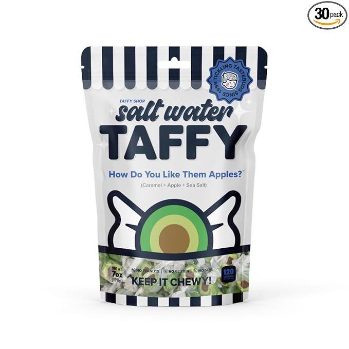 Taffy Shop How Do You Like Them Apples? Sea Salt Caramel Apple Salt Water Taffy – Gourmet Soft Chew Candy, Bulk Sweet Snack, Fresh Gift & Gluten-Free, 35 Individually Wrapped Pieces (7oz)