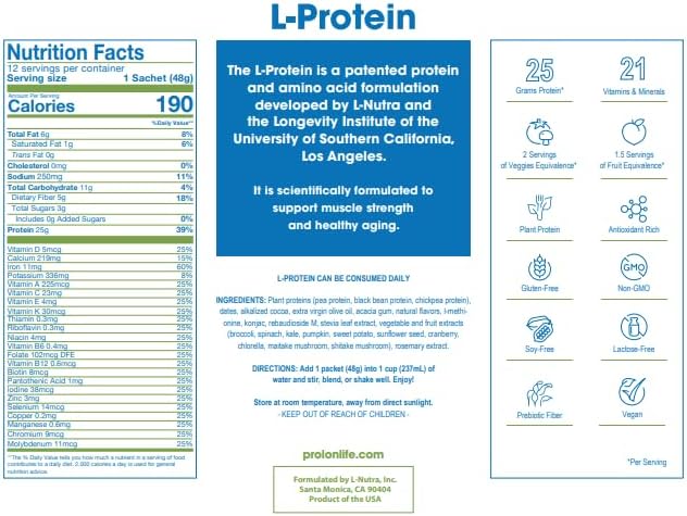 Prolon Longevity Plant Based Protein Powder | Muscle Synthesis & Repair, Healthy Aging, Boost Performance | Vitamins, Gluten Free, Amino Acids | 25g of Protein | Chocolate and Berry, 24 Packets