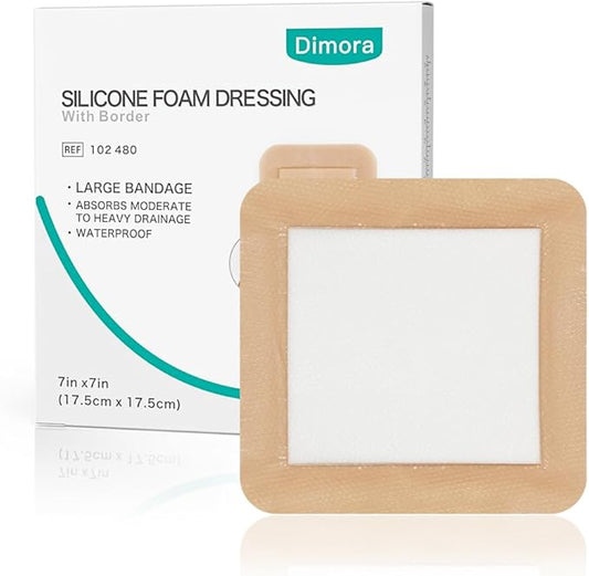 Dimora Large Bandage Ultra Soft Wound Dressing - Bordered Silicone Adhesive Foam Dressing 7"x7" (5"x5"pad) for Bed Sores,Burn Treatment,Large Surgical Wound,Diabetic Ulcers,5 Pack