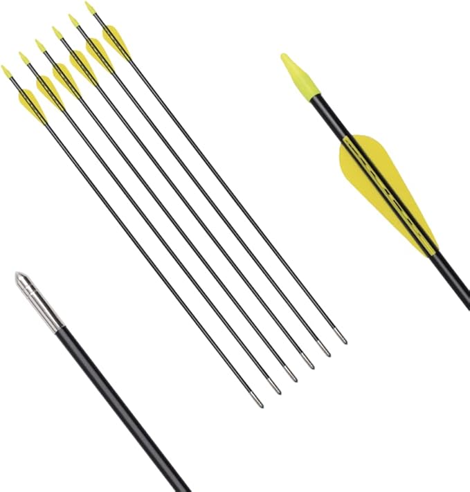6875 Fiberglass Arrows Archery 24/26/28/30Inch Target Shooting Safetyglass Recurve Bows Suitable for Youth Children Woman Beginner (tigerspot Yellow Vanes)
