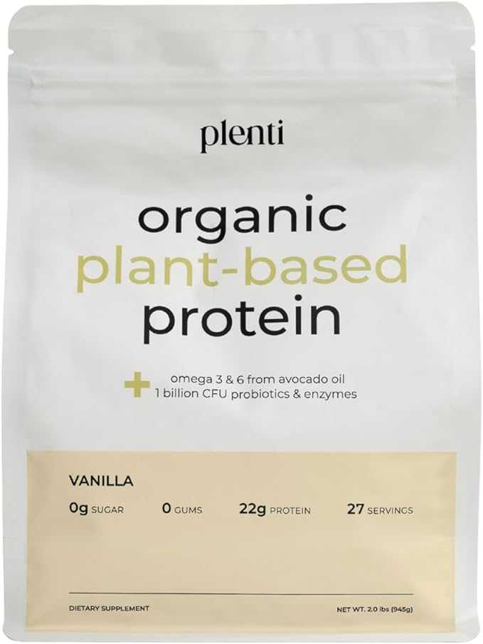 plenti Organic Plant-Based Protein Powder: Vanilla - 20g Pea Protein + Probiotics, Digestive Enzymes & Omega 3-6, Gut Friendly, Sugar Free, 27 Servings (2 lbs)