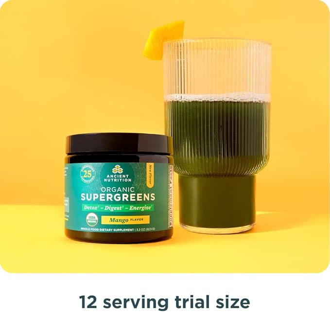 Ancient Nutrition SuperGreens Powder with Probiotics, Organic Mango Flavor Greens, Made from Real Fruits, Vegetables and Herbs, Digestive and Energy Support, 12 Servings, 3.3oz