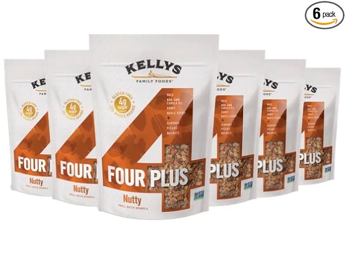Kelly's Four Plus Granola (Nutty) Healthy Granola Cereal with Whole Grain Oats, Honey, Maple Syrup - Non-GMO, Low Sugar, Sodium Free and Gluten Free for Yogurt - 12oz - Pack of 6