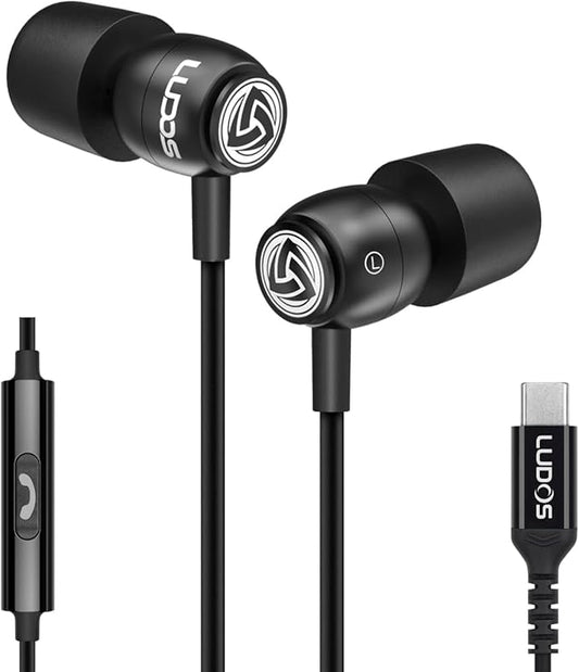 LUDOS Clamor USB C Headphones for iPhone 17 16 15 Pro Max Plus Air iPad Pro, 5 Years Warranty, USB-C Earbuds for Samsung Galaxy S24 S23 Ultra S22 S21 FE S20 A55 A54 A53, USB Type C Earphones - Black