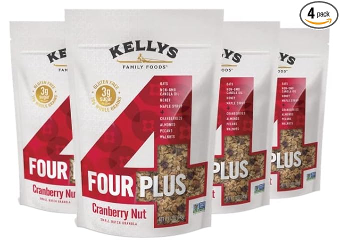 Kelly's Four Plus (Cranberry Nut) Granola Cereal with Whole Grain Oats, Honey, Maple Syrup - Non-GMO, Low Sugar, Sodium Free and Gluten Free Granola for Yogurt - 12oz (Pack of 4)