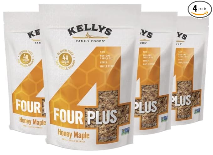 Kelly's Four Plus (Honey Maple) Healthy Granola Cereal with Whole Grain Oats, Honey, Maple Syrup - Non-GMO, Low Sugar, Sodium Free and Gluten Free Granola for Yogurt - 12oz (Pack of 4)