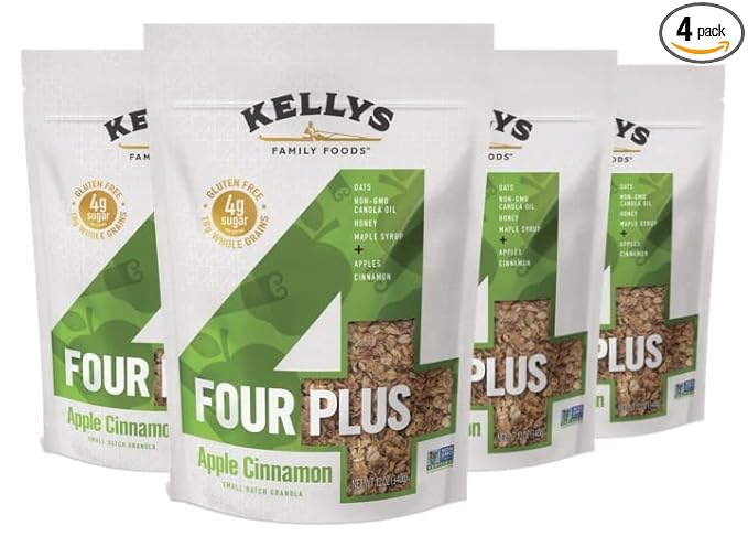 Kelly's Four Plus (Apple Cinnamon) Granola Cereal with Whole Grain Oats, Honey, Maple Syrup - Non-GMO, Low Sugar, Sodium Free and Gluten Free Granola for Yogurt - 12oz (Pack of 4)