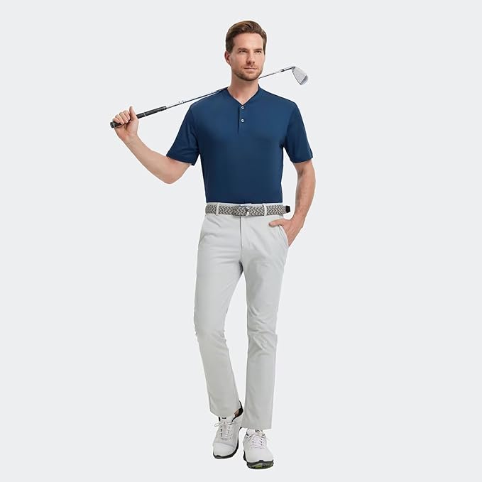 M MAELREG Collarless Golf Shirts for Men Dry Fit Moisture Wicking Performance Solid Casual Mens Henley Shirts Short Sleeve