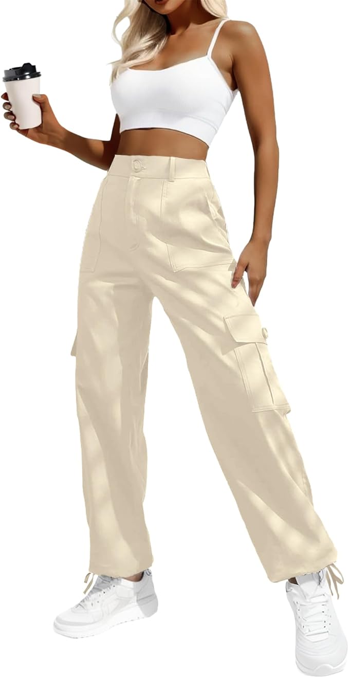 Lepunuo Women's High Waisted Cargo Pants Travel Y2K Streetwear Baggy Stretchy Pants with 6 Pockets Drawstring Ankle Cuffs