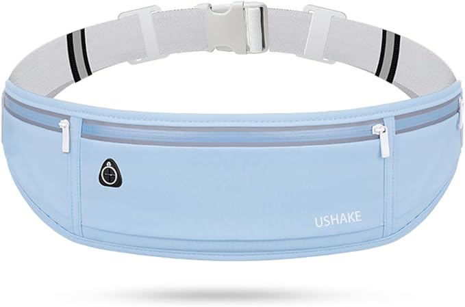 USHAKE Slim Running Belt, Workout Fanny Pack for Men Women,Exercise Waist Pack for Apple iPhone Holder, Runner Belt for Running Walking Cycling Camping Gym Light Blue