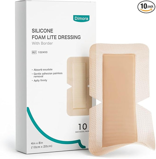 Dimora Silicone Foam Dressing with Border 4"X8" (10 Pack), Adhesive Large Bandages for Wound for Post Elbow Shoulder Knee Surgery Care