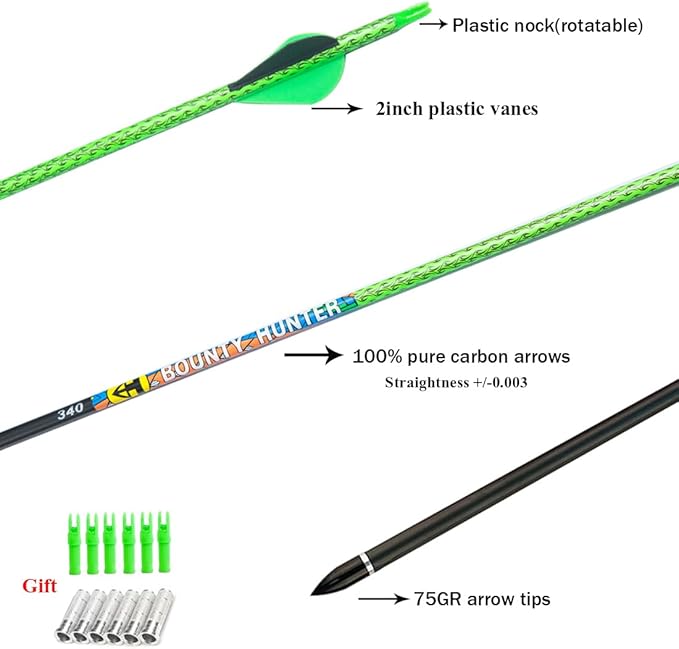 Linkboy Archery 30inch Carbon Arrows 300 340 Spine 0.003 Target Arrows Practice Recurve Compound Hunting Bow Longbow Pack of 12PCS