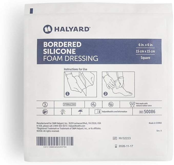 HALYARD Multi-Layer Bordered Silicone Foam Wound Dressing, Gentle Adhesive Superabsorbent Core Conformable & Breathable Water Resistant Protective Film Backing 6 Inch x 6 Inch (Box of 10)