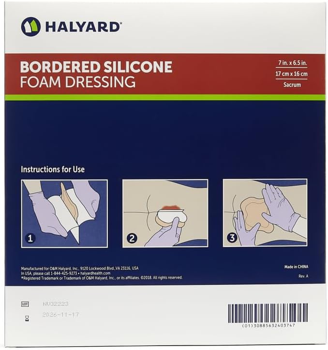 HALYARD Multi-Layer Bordered Silicone Foam Wound Dressing Sacral Bandage Gentle Adhesive Superabsorbent Core Conformable & Breathable Water Resistant Protective Film Backing, 7 Inches x 6.5 Inches