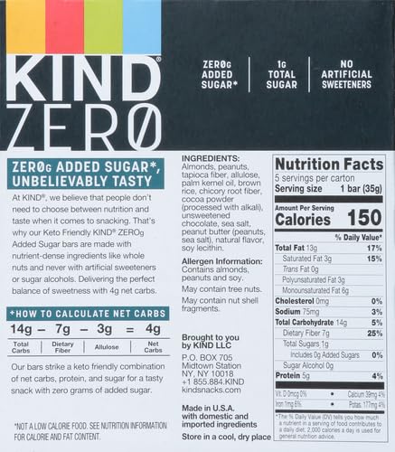 KIND ZERO Added Sugar Bars, Dark Chocolate Nuts and Sea Salt, Keto Friendly Snacks, Gluten Free, 5g Protein, 5 Count (Pack of 2)