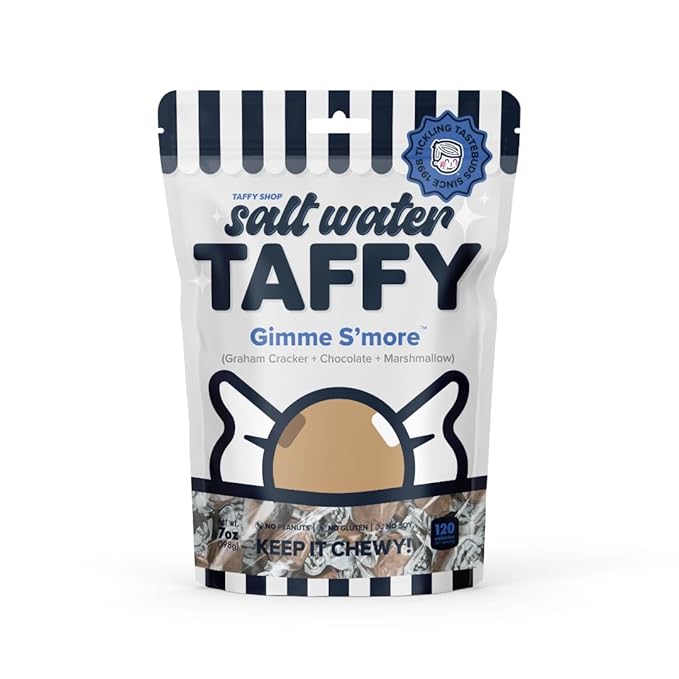 Taffy Shop Gimme S'more, Graham Cracker, Chocolate, Marshmallow Salt Water Taffy – Gourmet Soft Chewy Candy, Bulk Sweet Snack, Fresh Gift & Gluten-Free, 140 Individually Wrapped Pieces (32oz)