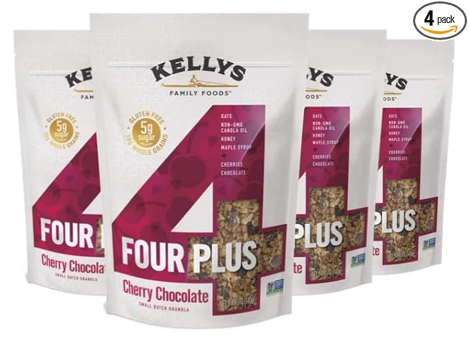 Kelly's Four Plus (Cherry Chocolate) Granola Cereal with Whole Grain Oats, Honey, Maple Syrup - Non-GMO, Low Sugar, Sodium Free and Gluten Free Granola for Yogurt - 12oz (Pack of 4)