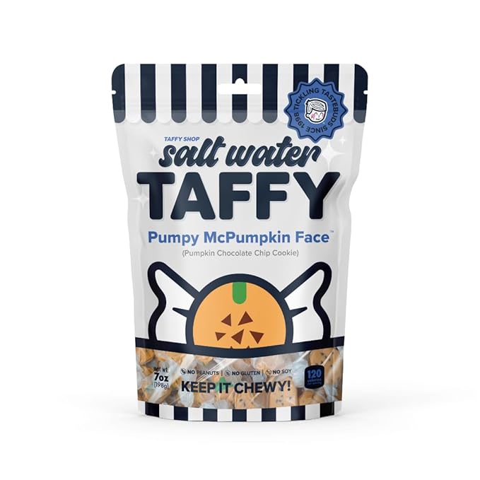 Taffy Shop Pumpy McPumpkin Face, Pumpkin Chocolate Chip Cookie Salt Water Taffy – Gourmet Soft Chewy Candy, Bulk Sweet Snack, Fresh Gift & Gluten-Free, 160 Individually Wrapped Pieces (80oz)
