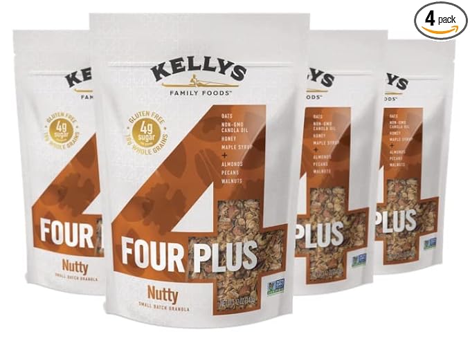 Kelly's Four Plus (Nutty) Healthy Granola Cereal with Whole Grain Oats, Honey, Maple Syrup - Non-GMO, Low Sugar, Sodium Free and Gluten Free Granola for Yogurt - 12oz (Pack of 4)