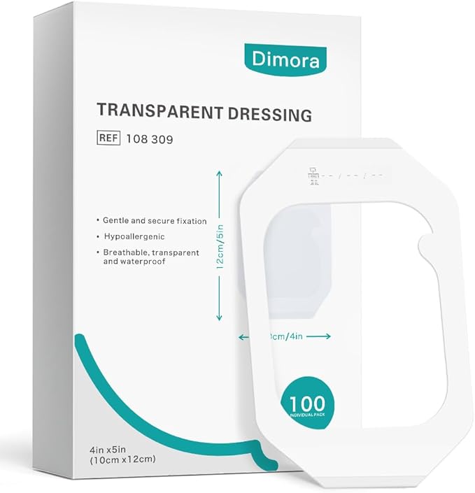 Dimora Waterproof Transparent Film Dressing, Clear Bandage Tape for Wound Care, Adhesive Post Surgical Cover Pad，for IV Shield, Tattoo Aftercare, Shower Protector 4x4 3/4 inch 100 Packs