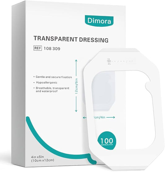 Dimora Waterproof Transparent Film Dressing, Clear Bandage Tape for Wound Care, Adhesive Post Surgical Cover Pad，for IV Shield, Tattoo Aftercare, Shower Protector 4x4 3/4 inch 100 Packs