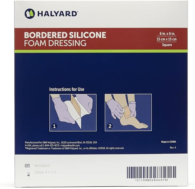 HALYARD Multi-Layer Bordered Silicone Foam Wound Dressing, Gentle Adhesive Superabsorbent Core Conformable & Breathable Water Resistant Protective Film Backing 6 Inch x 6 Inch (Box of 10)