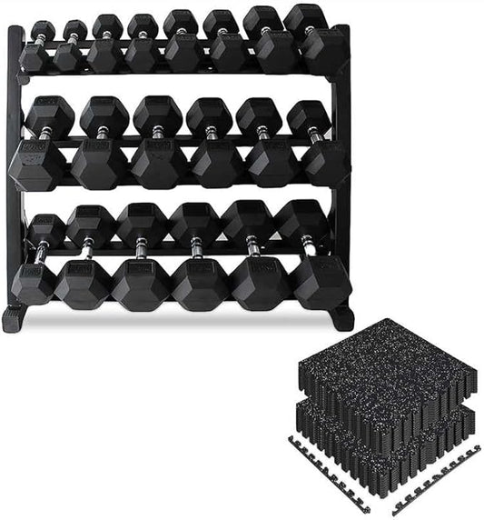 350/450/550lb Hex Dumbbell Set with Vertical Weight Rack (5-50 Lbs Rubber Coated Cast Iron) & 12-Piece EVA Gym Floor Mat Bundle (48 Sq Ft, 24"x24") - Non-Slip Handles, Heavy Duty Storage, Home Gym Essentials