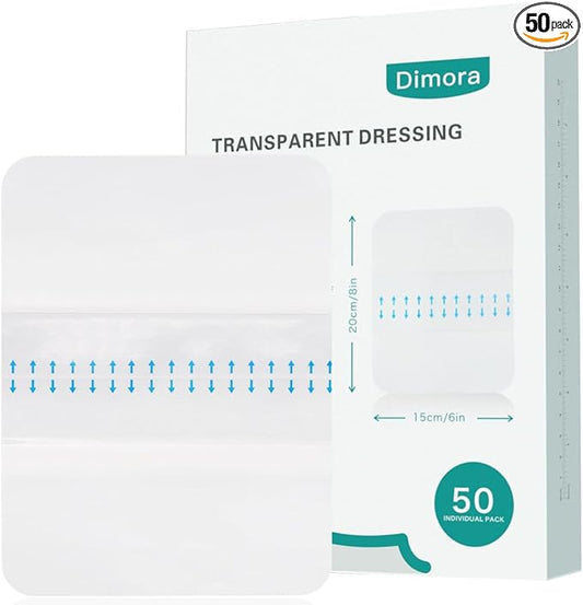Dimora Waterproof Transparent Film Dressing, Large Clear Wound Bandages 6x8 inch 50 Pack, Post Surgical Skin Protector, Adhesive Medical Pad for Swimming,Showering,Tattoo Aftercare,IV Fixing