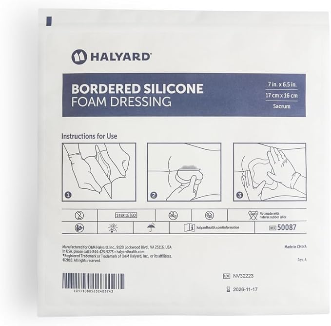HALYARD Multi-Layer Bordered Silicone Foam Wound Dressing Sacral Bandage Gentle Adhesive Superabsorbent Core Conformable & Breathable Water Resistant Protective Film Backing, 7 Inches x 6.5 Inches