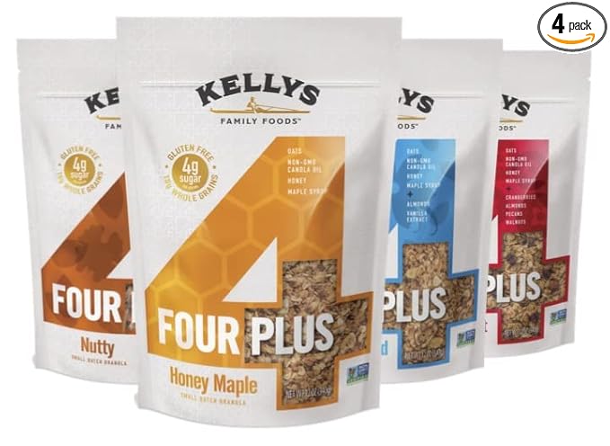 Kelly's Four Plus Granola (Variety Pack) Healthy Granola Cereal with Whole Grain Oats, Honey, Maple Syrup - Non-GMO, Low Sugar, Sodium Free and Gluten Free Granola for Yogurt - 12oz (Pack of 4)