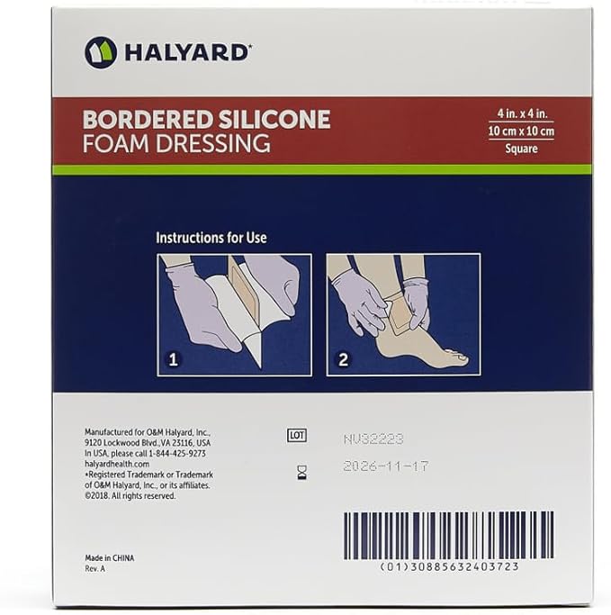 HALYARD Multi-Layer Bordered Silicone Foam Wound Dressing, Gentle Adhesive Superabsorbent Core Conformable & Breathable Water Resistant Protective Film Backing, 4 Inch x 4 Inch (Box of 10)