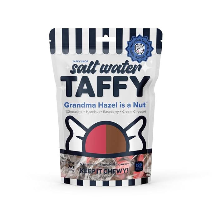 Taffy Shop Grandma Hazel is a Nut, Chocolate Hazelnut Raspberry Cream Cheese Salt Water Taffy Gourmet Soft Chewy Candy, Bulk Sweet Snack & Gluten-Free, 140 Individually Wrapped Pieces (32oz)