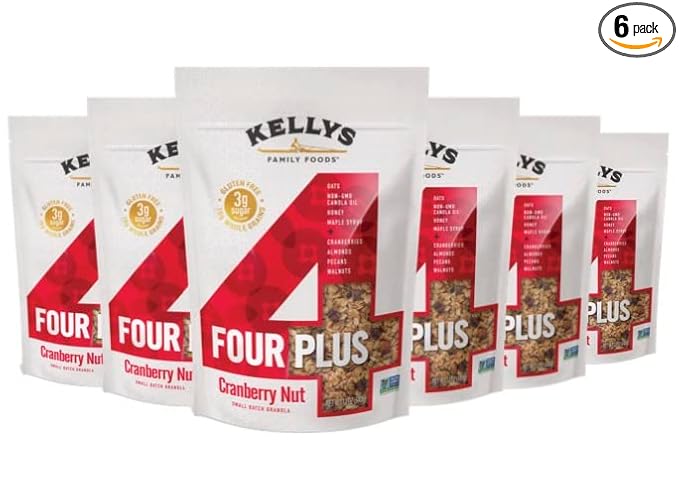 Kelly's Four Plus (Cranberry Nut) Granola Cereal with Whole Grain Oats, Honey, Maple Syrup - Non-GMO, Low Sugar, Sodium Free and Gluten Free Granola for Yogurt - 12oz (Pack of 6)