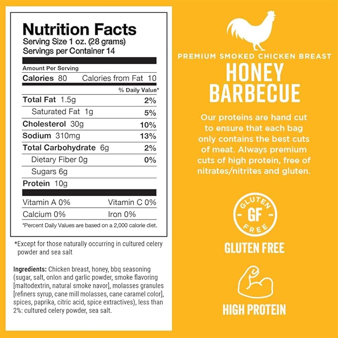 Chef's Cut Chicken Jerky Meat, Honey Barbecue (14 Ounce Bag) - High Protein, 10g Protein, 80 Calories, Gluten-Free, Premium Smoked Chicken Breast, Keto Friendly Snack, Low Carb Snack